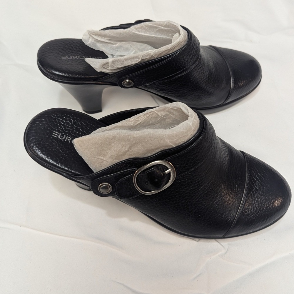EUROstep Megan Clog Womens 7.5 Black Leather Buckle Heel Mules